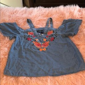 Embroidered Chambray Top